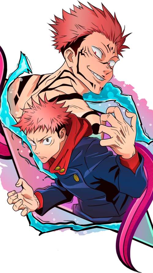 Detailed character illustration of Yuji Itadori from Jujutsu Kaisen on a white background wallpaper