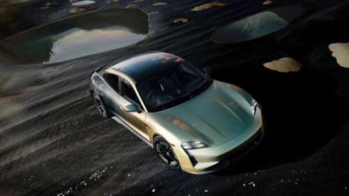 Close-up shot of a 2024 Porsche Taycan Turbo S electric luxury sports car. free wallpaper