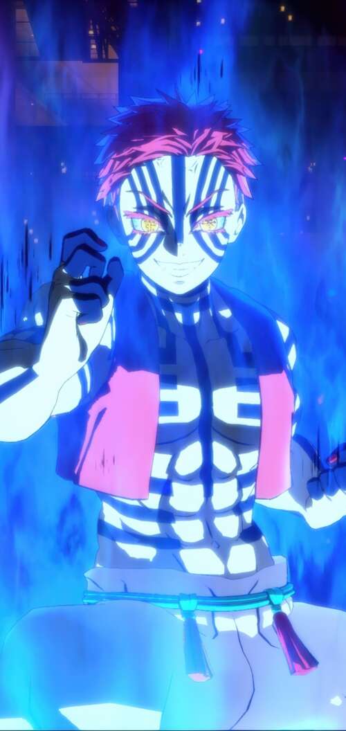 A detailed depiction of Akaza from Demon Slayer: Kimetsu No Yaiba in the Infinity... free wallpaper