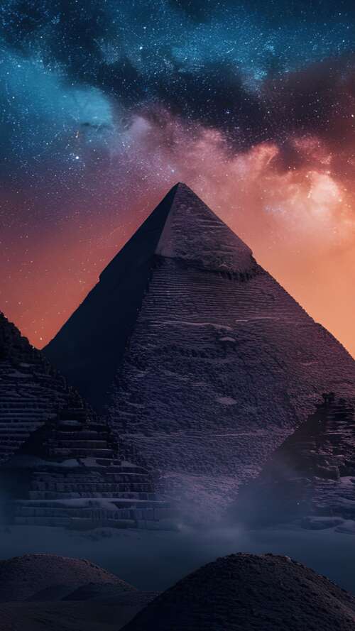 The Great Pyramid of Giza silhouetted against a brilliant Milky Way galaxy in the... wallpaper