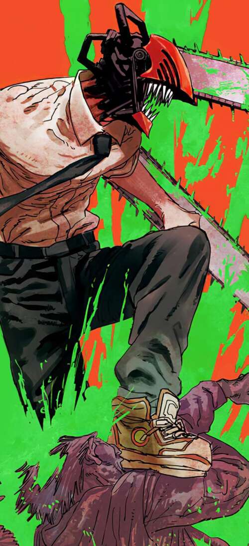 A fierce and badass depiction of Denji from the anime Chainsaw Man against a bright... wallpaper