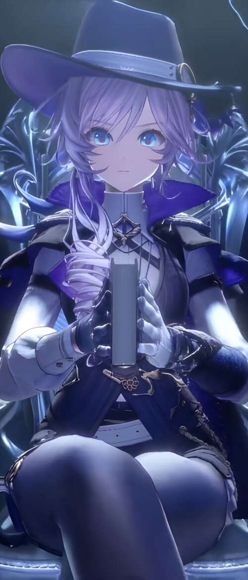 An anime girl with a serene expression standing in a majestic silver palace illuminated... wallpaper