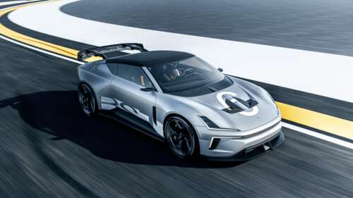 Polestar Concept BST electric race car driving fast on a professional race track. wallpaper