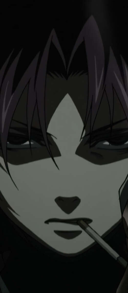 A dark aesthetic depiction of Revy from Black Lagoon featuring a skull on a black...