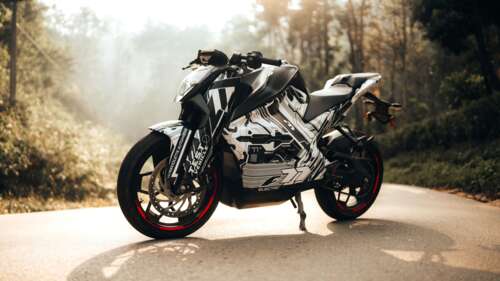 A detailed, high-definition view of the sleek Ultraviolette F77 electric sports motorcycle. wallpaper