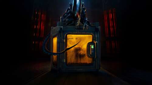 A Xenomorph lurking near a metal crate in a dark, atmospheric setting from the Alien:... free wallpaper