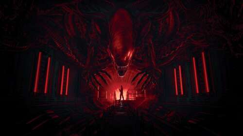 A menacing close-up of the Xenomorph from Alien: Romulus, illuminated by dark red... free wallpaper