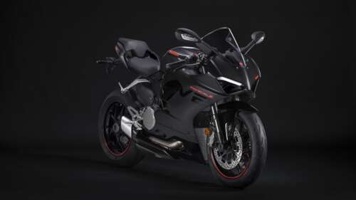 A sleek, black 2024 Ducati Panigale V2 superbike positioned against a dark, minimalist... wallpaper