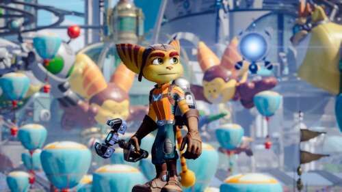 A cinematic screenshot of Ratchet from the video game Ratchet & Clank: Rift Apart. wallpaper