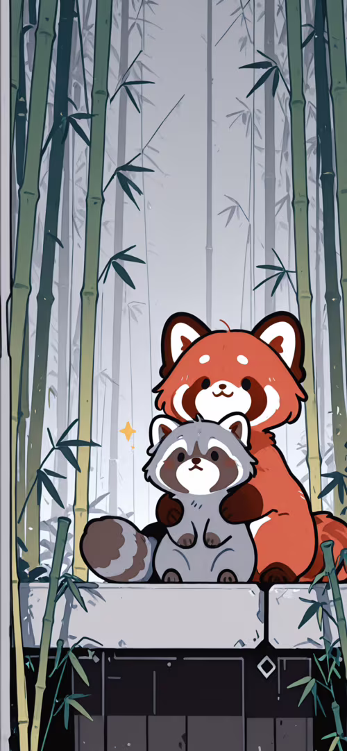 A cute, cartoon red panda stands in a bamboo forest while hugging a small, grey cartoon...