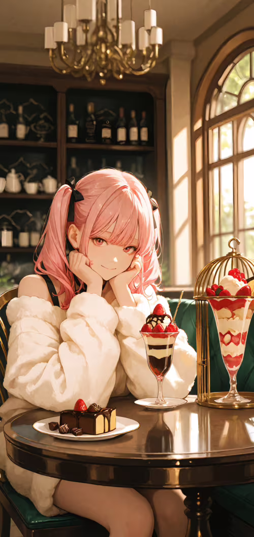 An anime girl with pink hair in twin tails sits at a cafe table laden with desserts....