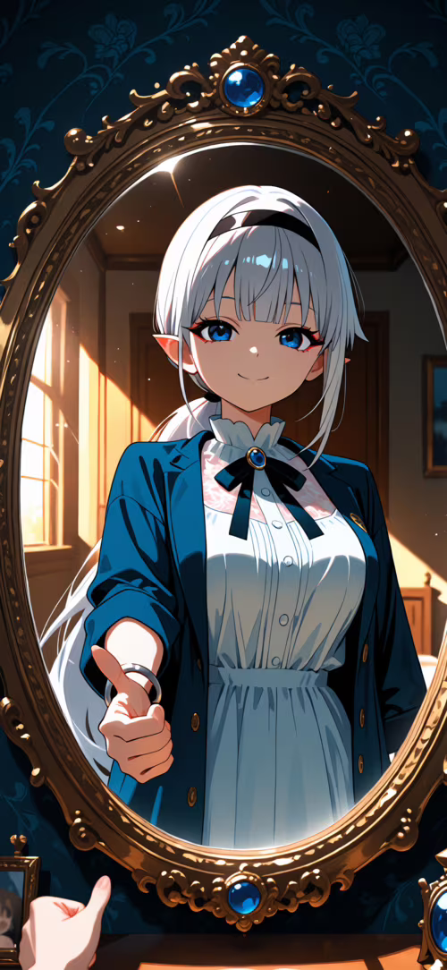 An anime girl with silver hair and pointy ears, Hiragi Popura, smiles and gives a...
