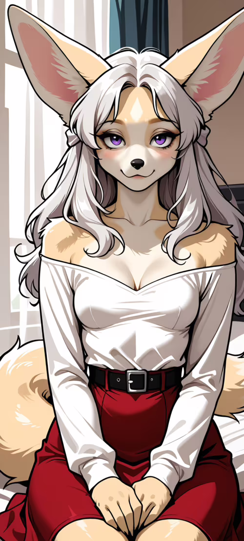 An anime-style illustration of a female fennec fox character with long silver hair...
