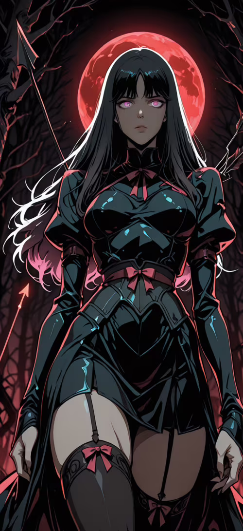 An anime-style illustration of a woman with long black hair, glowing purple eyes,... free wallpaper