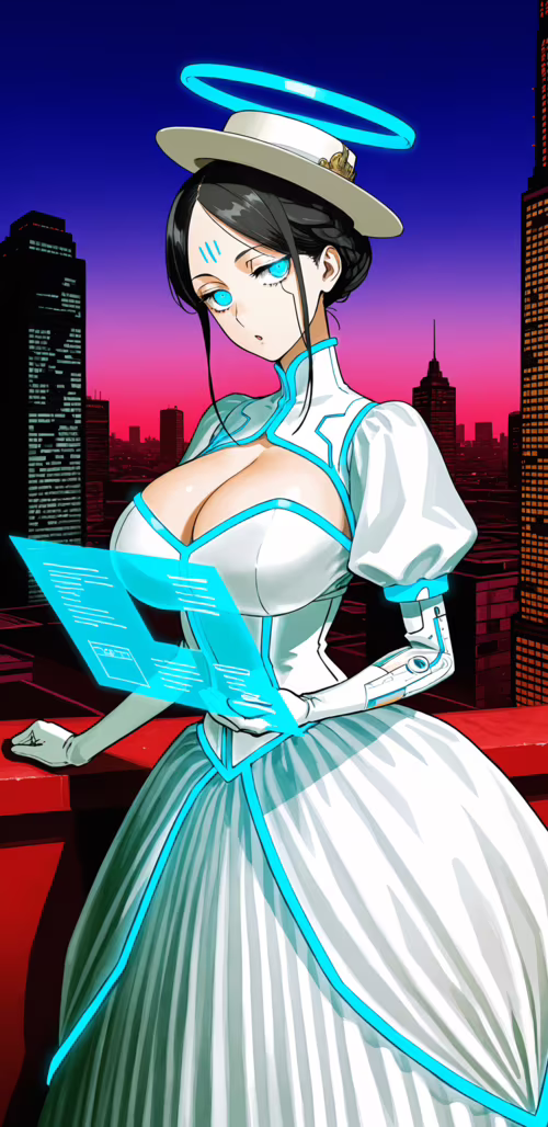 An anime-style woman in a futuristic white and blue Victorian gown and hat stands...