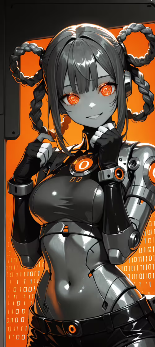 A digital illustration of a female android with a black and grey body, glowing orange...