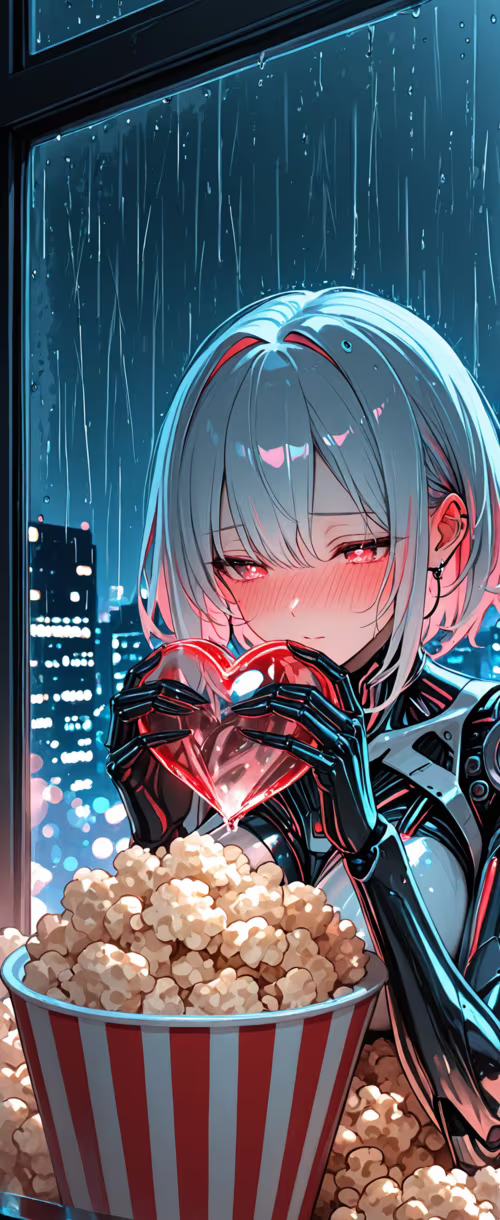 An anime-style cyborg girl with short, light blue hair and blue eyes, blushing as... download free wallpaper for phone