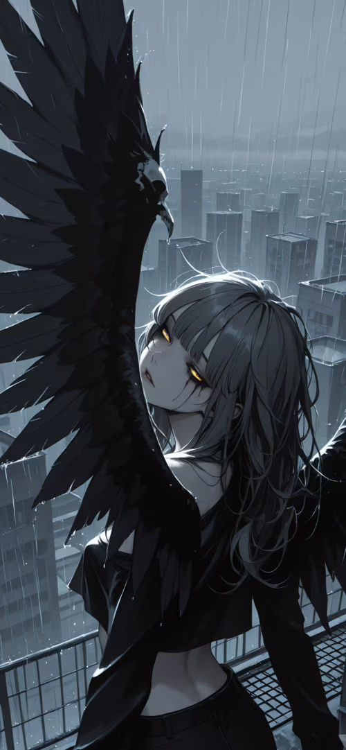 An anime-style illustration of a young woman with large black wings and glowing yellow... wallpapers for android