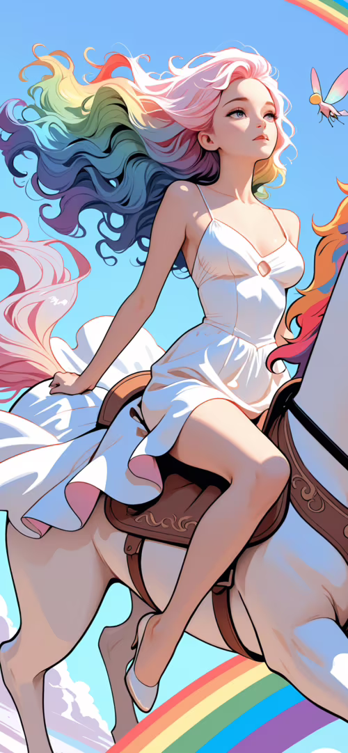 A young woman with rainbow hair and large, colorful wings rides a white Pegasus with... free background