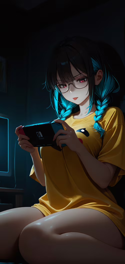 An anime girl with black and blue braided hair and glasses, wearing an oversized... hand phone wallpaper