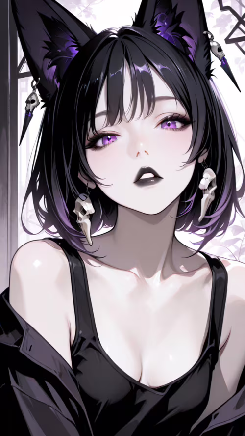 An anime-style illustration of a girl with black fox ears, purple eyes, and black... hand phone wallpaper