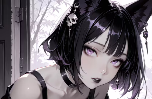 An anime-style illustration of a girl with black fox ears, purple eyes, and black... wallpaper for pc download
