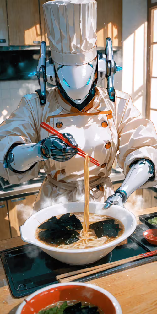 A white, futuristic robot dressed in a full chef's uniform, including a tall hat,... wallpaper