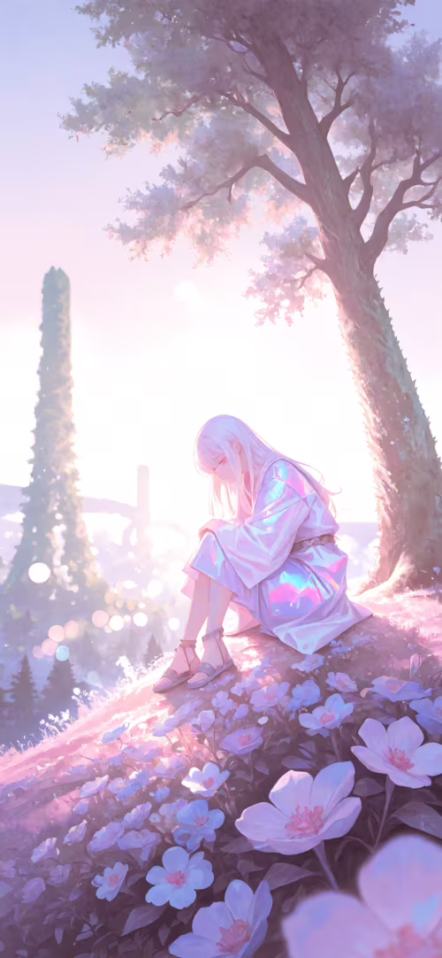 A young woman with long white hair, wearing an iridescent robe, sits contemplatively... wallpaper photo gallery download