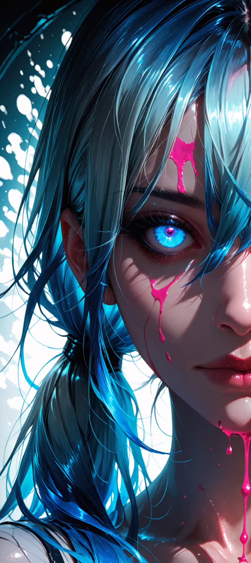 A close-up portrait of a young woman with pink and blue hair in twintails. She has...