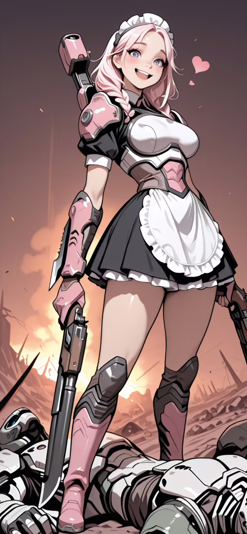 A pink-haired anime girl in a combat maid outfit holds two shotguns on a fiery battlefield,... Honor 70 Pro plus lock screen wallpaper