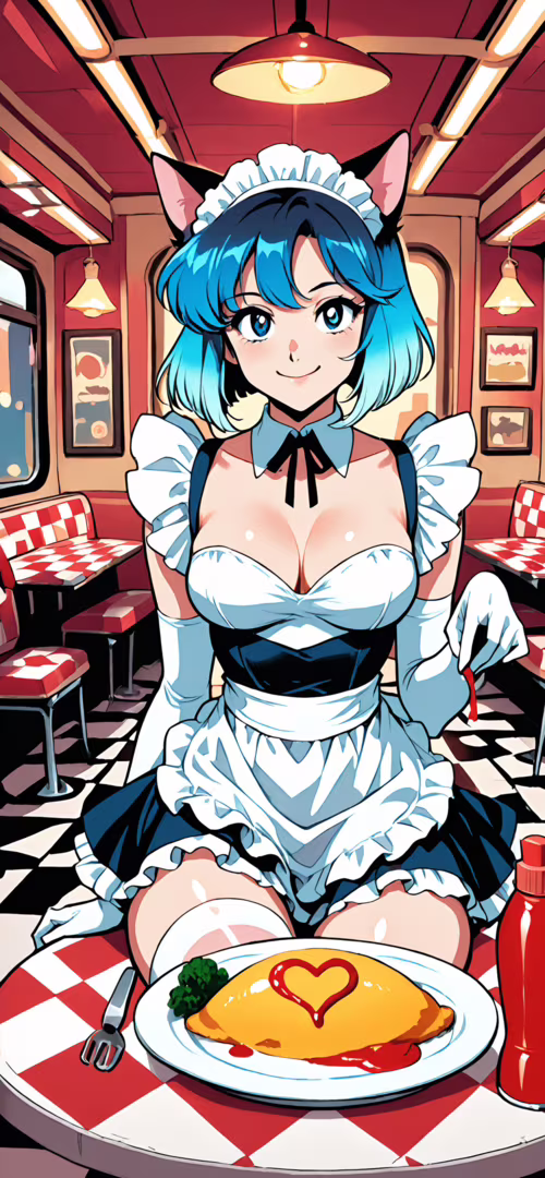 An anime cat girl with short blue and pink hair, dressed in a maid outfit, smiles... free background images