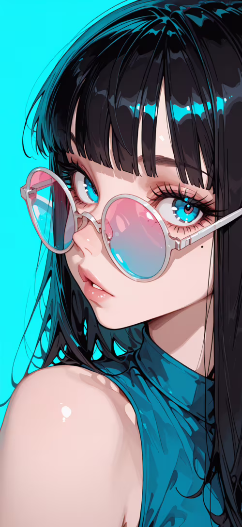 A close-up digital illustration of an anime-style girl with long black hair and bangs,... Apple iPhone 14 Plus download free phone wallpaper