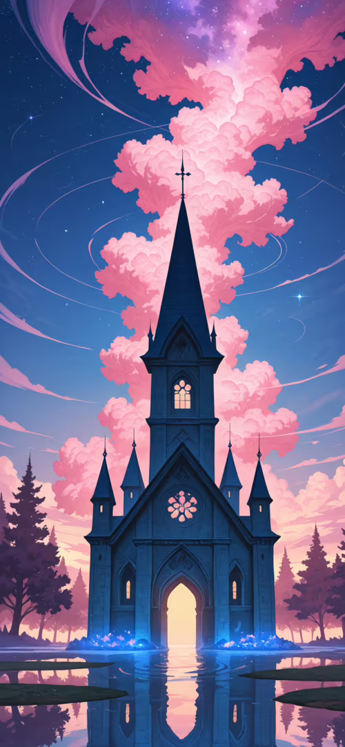 A digital fantasy illustration of a dark, gothic cathedral on a lakeside at dusk.... Oukitel WP7