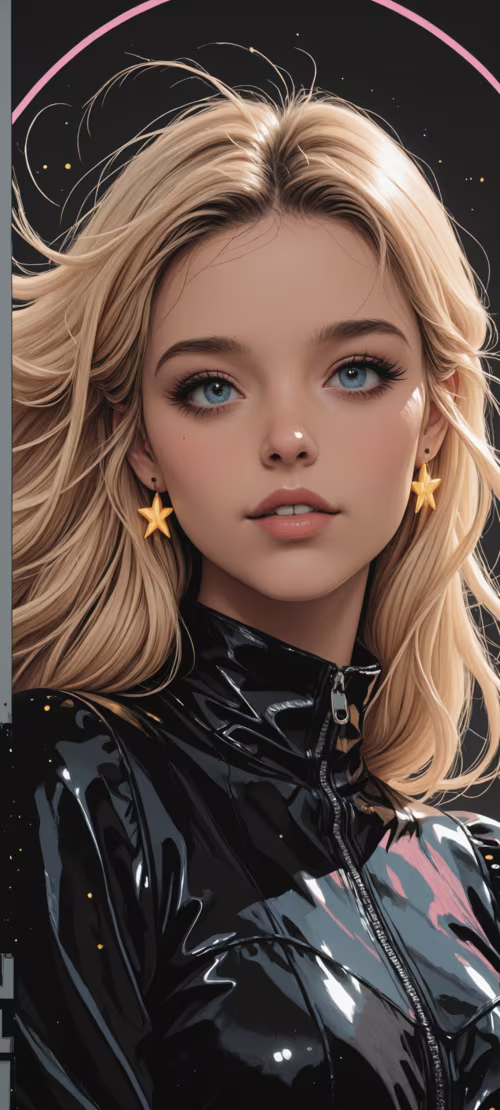 A digital illustration of a young woman with blonde and pink hair, bright blue eyes,... Oppo Reno7 Pro 5G wallpaper