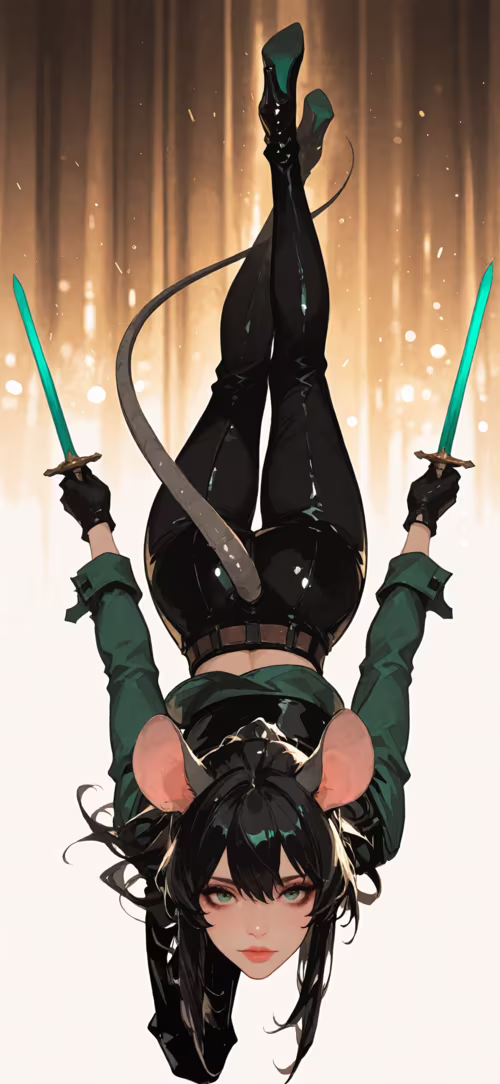 A female anime character with black hair, green eyes, large mouse ears, and a long... free wallpaper