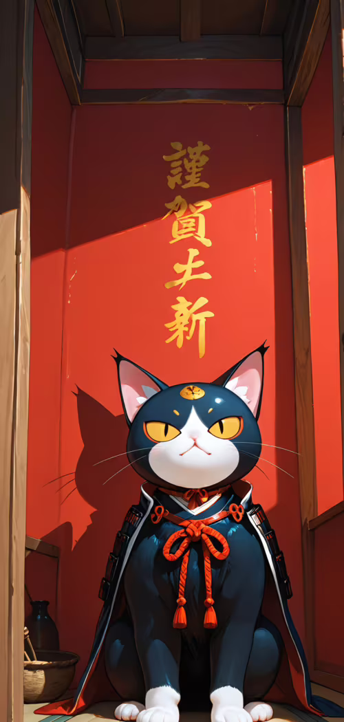 An anime-style illustration of a black and white tuxedo cat sitting upright. The... wallpaper