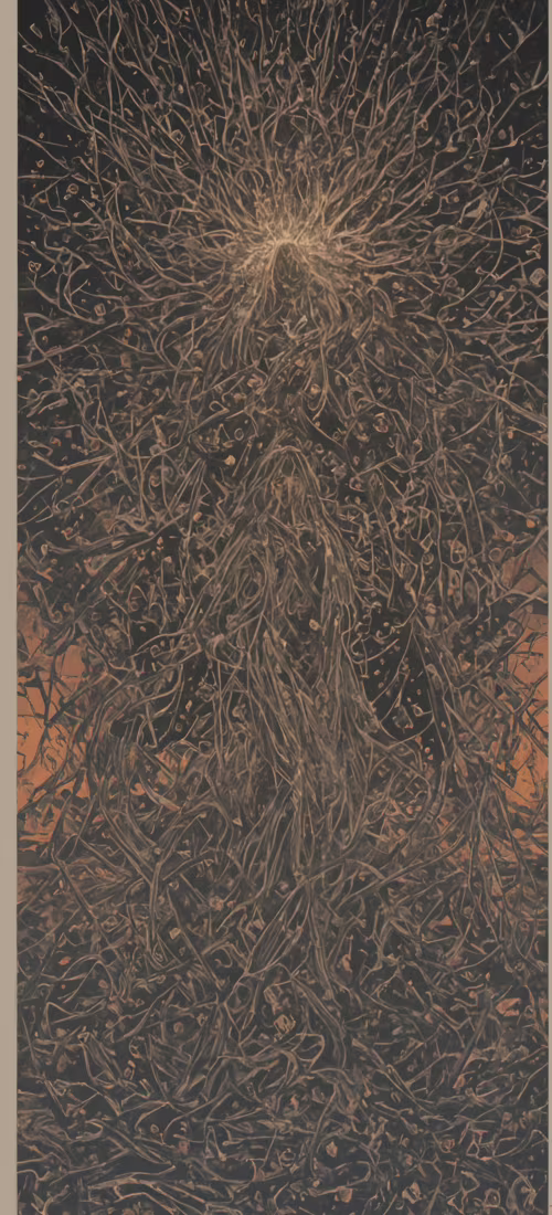 An ukiyo-e style artwork of an ethereal spirit made of tangled dark brown roots and...