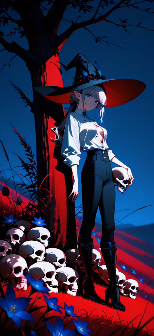 An anime-style illustration of a silver-haired witch in a large hat holding a skull.... mobile wallpaper