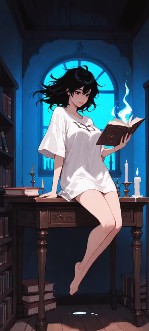 A young woman with short black hair levitating from behind in a dark, candlelit study....