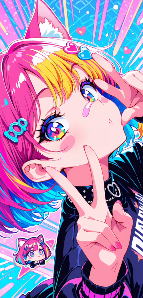An anime-style cat girl with pink and blue hair, cat ears, and a bandaid on her nose.... Doogee S55 wallpapers for android