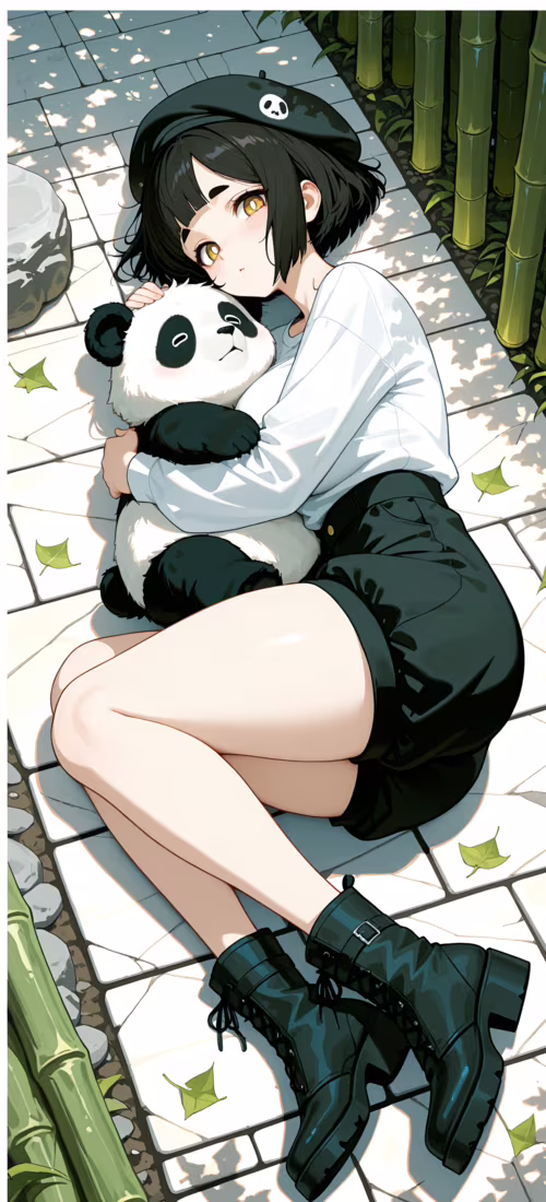An anime-style girl with short black hair and a panda beret sitting on a stone path... free wallpaper