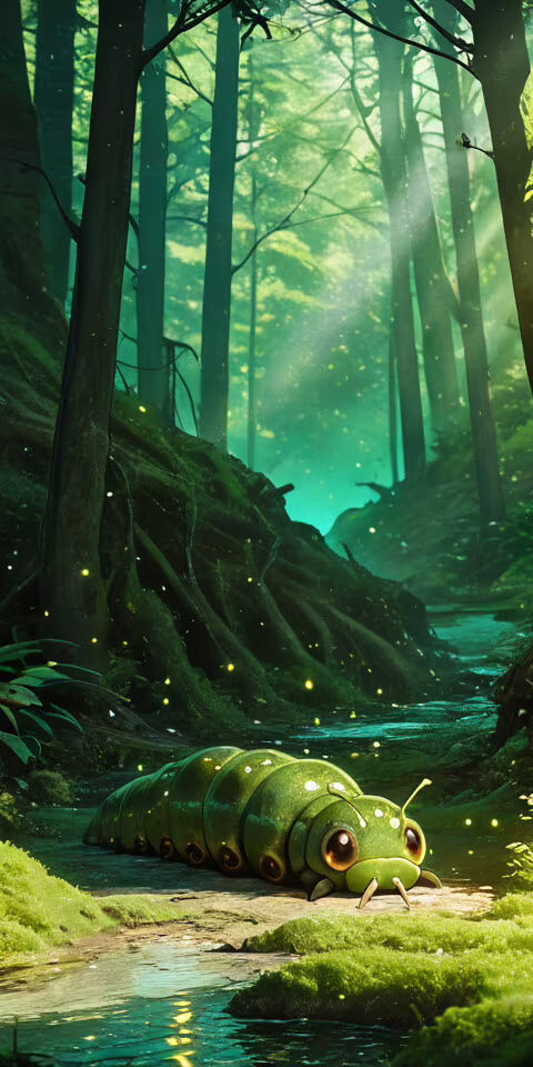 An anime-style girl with brown hair in a large green caterpillar costume lies on... mobile wallpaper