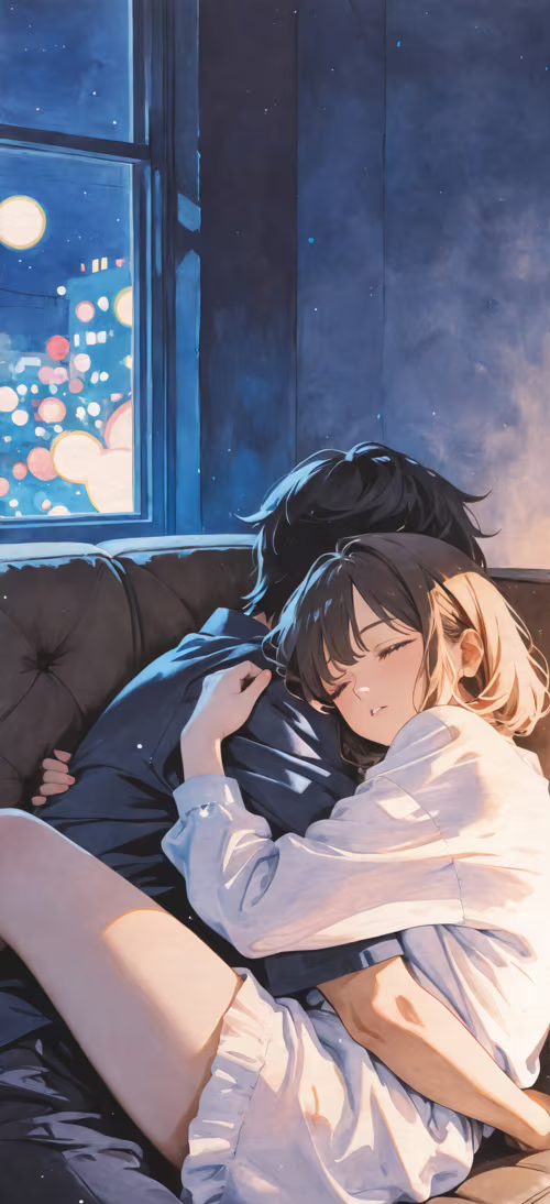 An anime-style illustration of a young man and woman cuddling on a blue couch at...