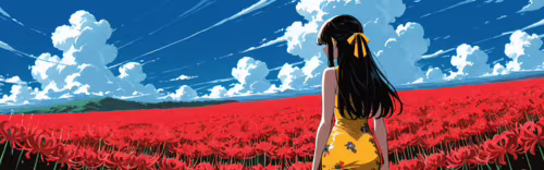 An anime girl with long black hair and a tight yellow dress stands from behind in... desktop wallpaper