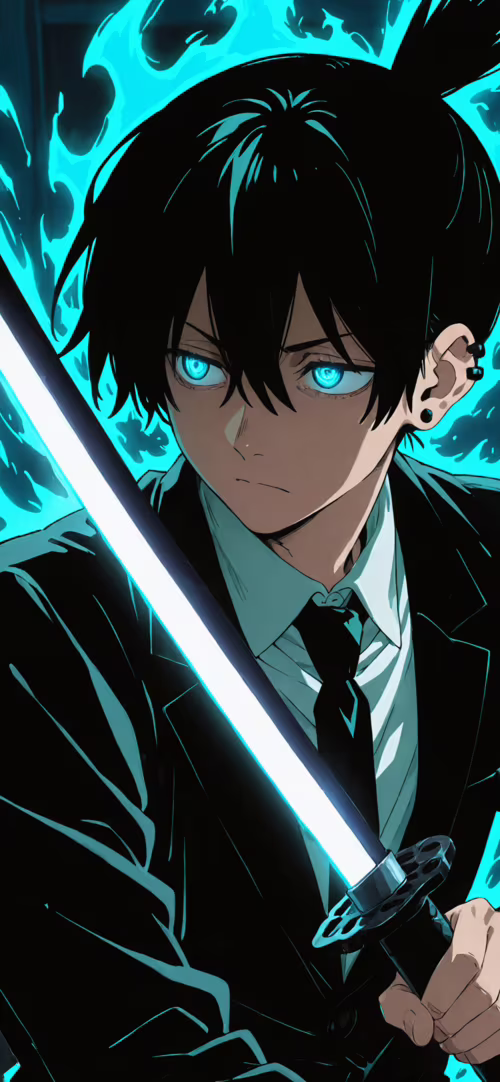 Aki Hayakawa from Chainsaw Man in a black suit, with his hair in a topknot and glowing... wallpaper download