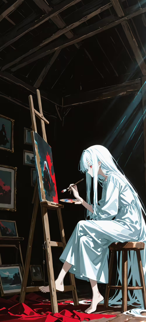 A young anime-style woman with very long white hair sits in a dark, dusty attic,... free hd wallpapers