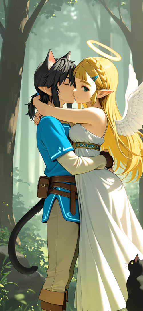 An anime-style illustration of Princess Zelda with angel wings and a halo, tenderly... download free phone wallpaper
