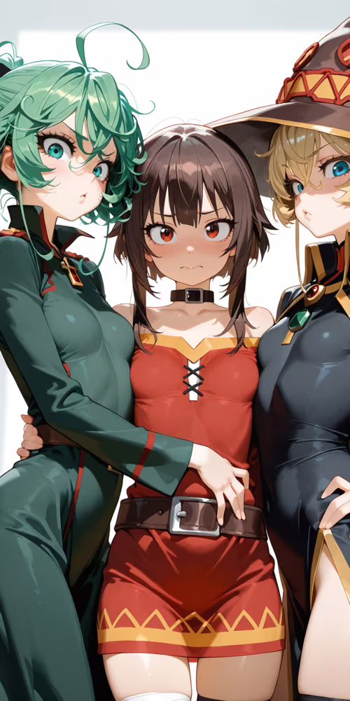 Anime girls trio illustration featuring Tanya Degurechaff, Tatsumaki, and Megumin...