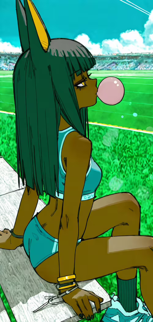 An illustration of Ankha from Animal Crossing as a human girl with dark skin, black... free background