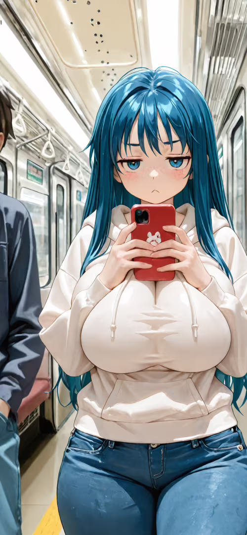 An anime girl with long blue hair, freckles, and a large bust, wearing a beige hoodie... free wallpaper